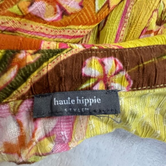 Haute Hippie Womens Floral Collared V-Neck Wrap Blouse Yellow Long Sleeve Boho - Picture 3 of 8